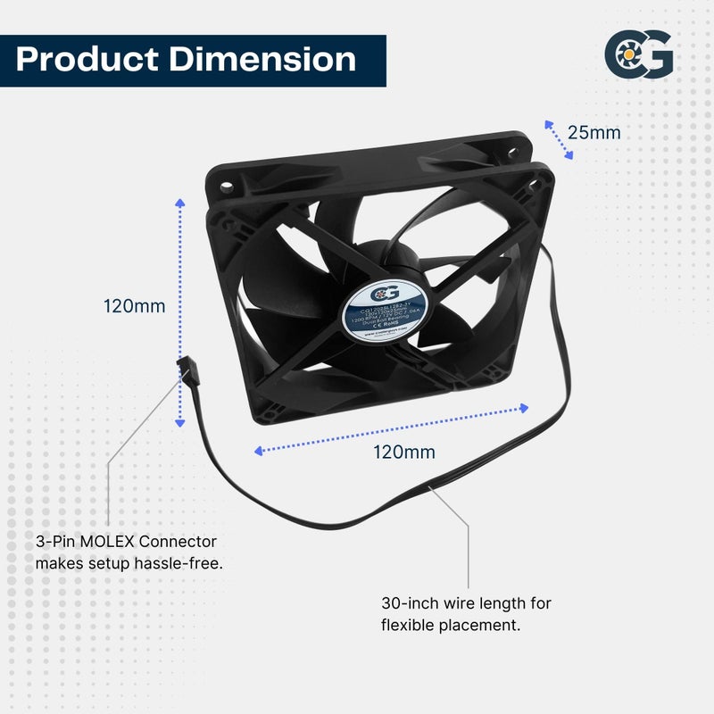 Coolerguys Dual Ball Bearing 12v 3pin Fan (120x25mm, Low Speed) - Image 4